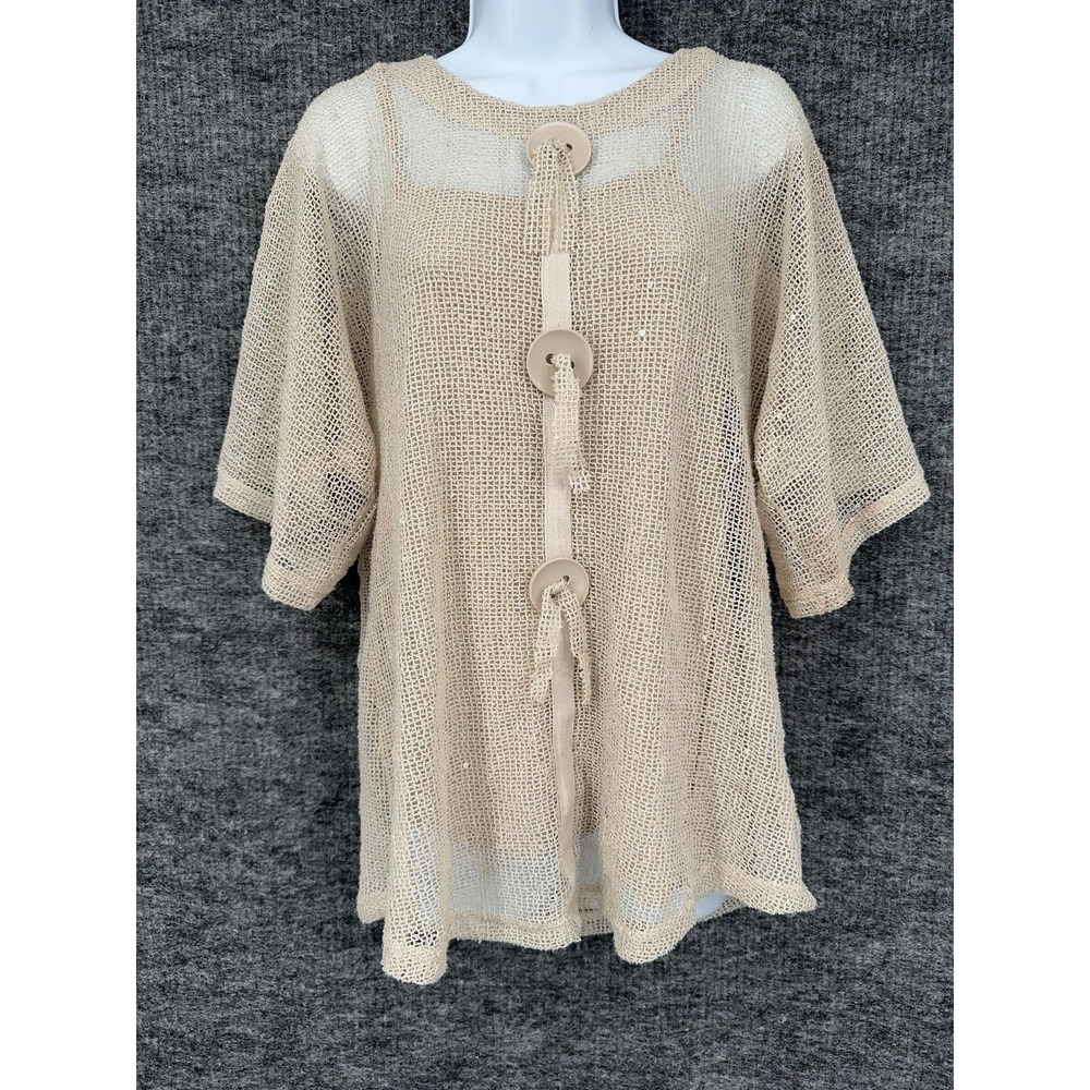 Ali‎ Miles Top Womens Small Beige Open Knit Short Sleeve Tassel